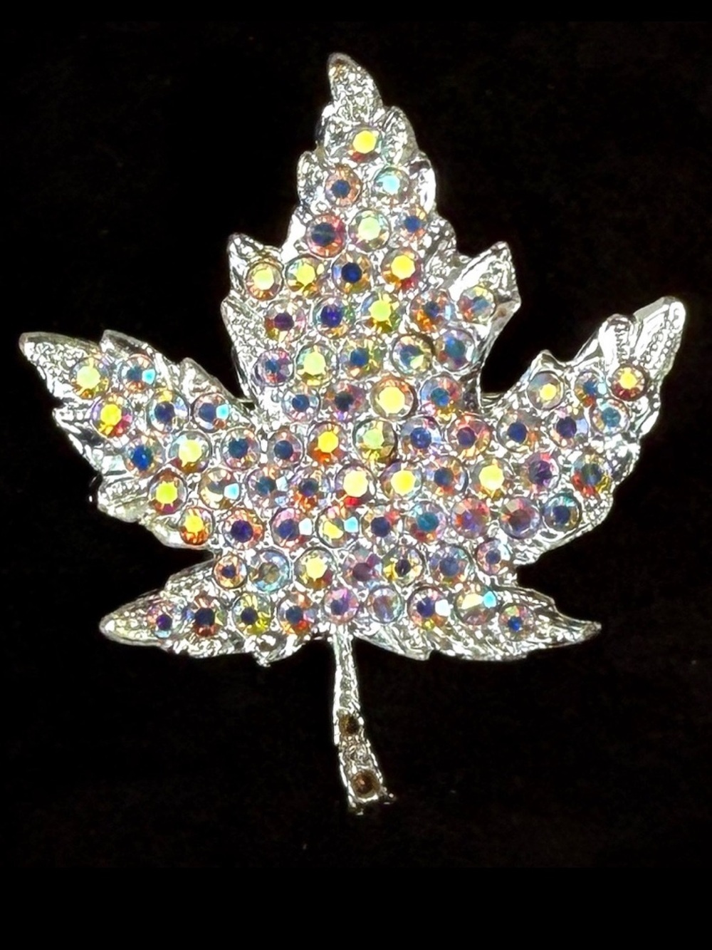 Vintage Multicolor Sparkle Maple Leaf Brooch Silver Tone Statement Pin